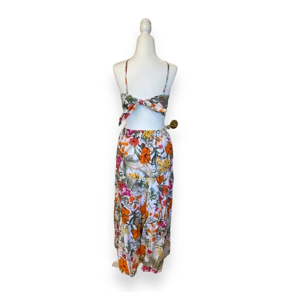 Chelsea & Violet Tropical Floral Print Tiered Midi Dress Linen Blend Tie Back - Picture 6 of 12